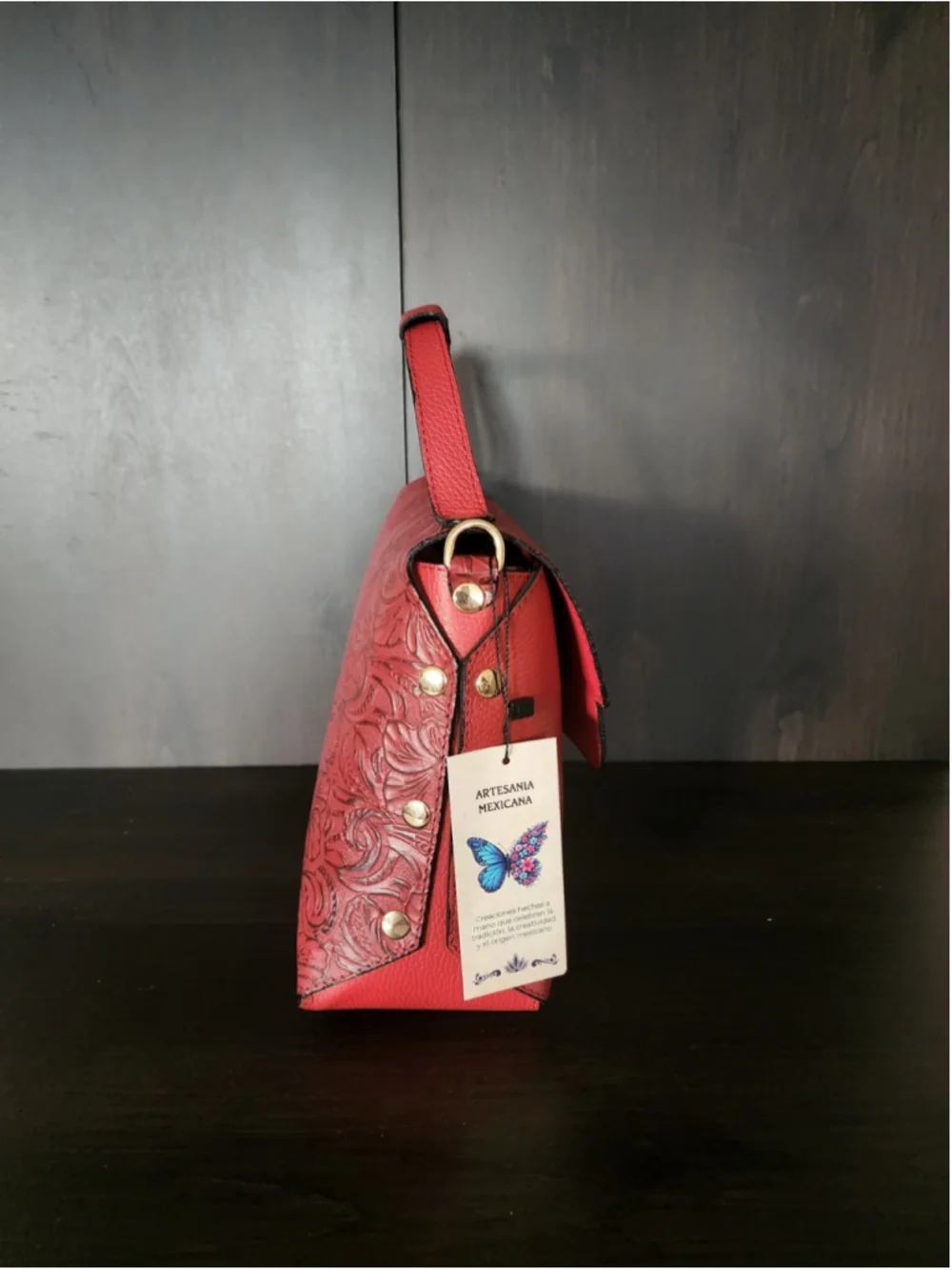 Red Floral Studded Embossed Artisan LEATHER Purse Handbag Crossbody Bag
